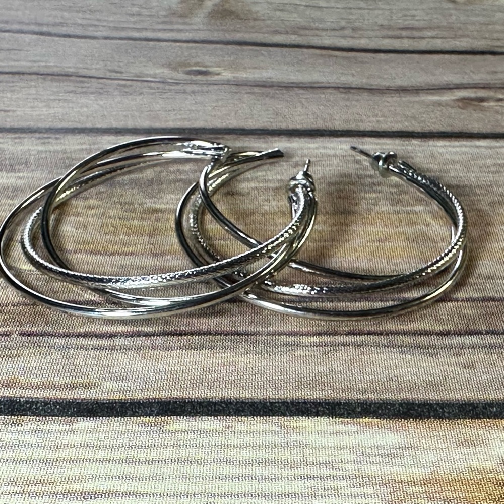 Silver Triple Hoop Earrings - Picture 3 of 5